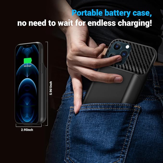 Battery Case for iPhone 12, 12 Pro (6.1 inch), Upgrade 13800mah Portable Slim Battery Charging Case, Rechargeable Charger External Charging Case with Tempered Glass Screen Protector Black