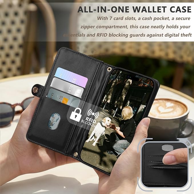 Rssviss Crossbody Wallet Case for iPhone 17 Pro Max 6.9", with Make Up Mirror, Wrist Strap, Zipper Purse Magnetic Flip, RFID Blocking Card Holder Kickstand, PU Leather Shockproof Women, Black