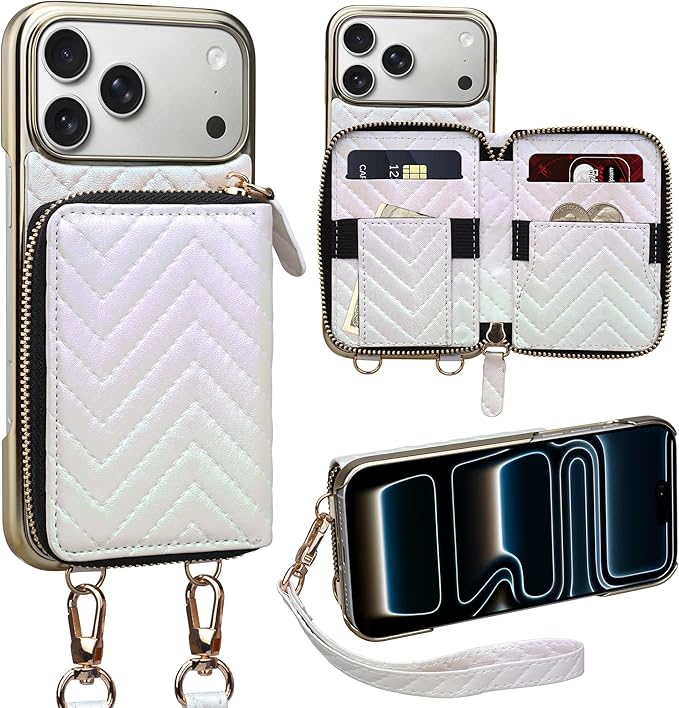 Keallce Wallet Case for iPhone 17 Pro Max 6.9", Crossbody Zipper Purse with Wristlet Strap, 4 Card Slots with RFID Blocking and Kickstand, Electroplated Leather Case for Women (White)