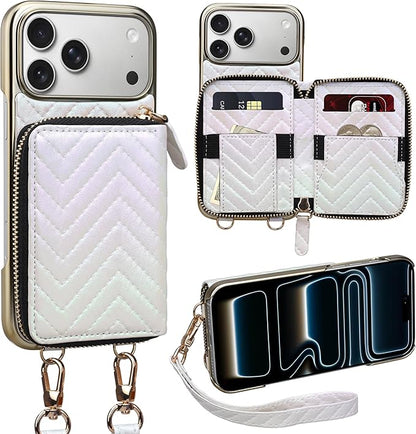 Keallce Wallet Case for iPhone 17 Pro Max 6.9", Crossbody Zipper Purse with Wristlet Strap, 4 Card Slots with RFID Blocking and Kickstand, Electroplated Leather Case for Women (White)