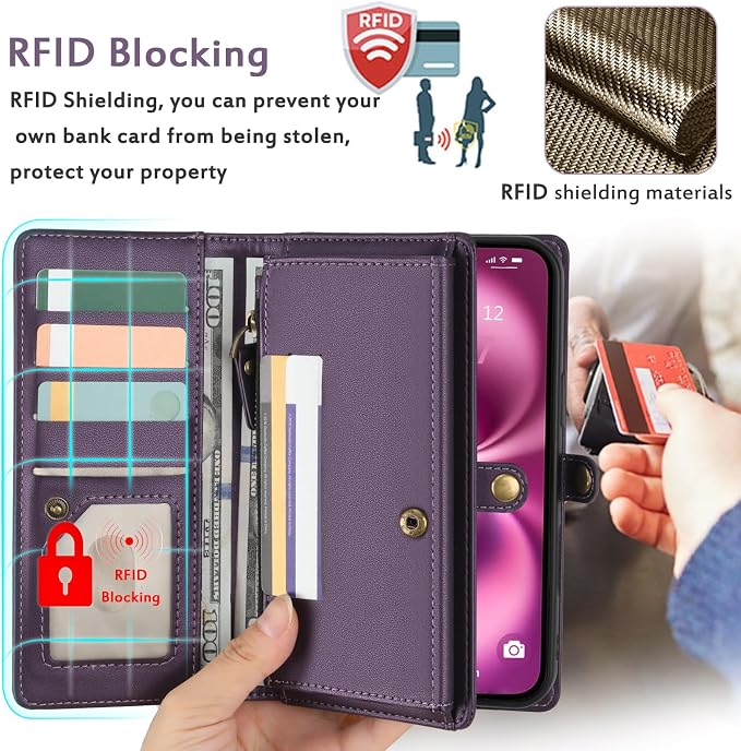 for Wallet Case Compatible with iPhone 16 Plus,Multi-Function Detachable 2 in 1 Magnetic iPhone 16 Plus Case Wallet,Flip Strap Zipper Card Holder Phone Case with Shoulder Straps (Pruple)