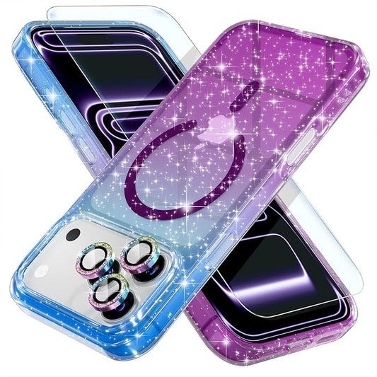 Choiche Magnetic for iPhone 17 Pro Case Compatible with MagSafe, Women Cute Glitter Sparkly Phone Case with Diamond Camera Lens Protectors, Military-Grade Drop Protection 6.3" (Blue/Purple)