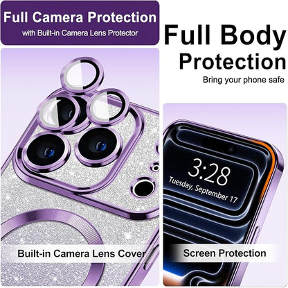 Hython for iPhone 17 Pro Case Glitter Clear Magnetic Phone Cases [Compatible with MagSafe] Full Camera Lens Protector Sparkle Luxury Plating Slim Shockproof Protective Cover Women, Gradient Purple