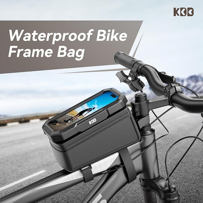 KDD Bike Front Frame Bag with Waterproof Phone Holder, Mountain Cycling Storage Pouch, Handlebar Bag with Phone Mount, Bicycle Accessories for Top Tube, Fit for iPhone 17 Pro Max, Cellphone Under 7''