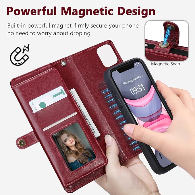Wallet Case for iPhone 11 with Card Holder/Crossbody Wallet/Strap| RFID Blocking | Magnetic | Kickstand | Detachable | PU Leather Phone Case for iPhone 11,6.1 in,Wine Red