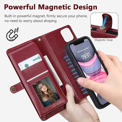 Wallet Case for iPhone 11 with Card Holder/Crossbody Wallet/Strap| RFID Blocking | Magnetic | Kickstand | Detachable | PU Leather Phone Case for iPhone 11,6.1 in,Wine Red