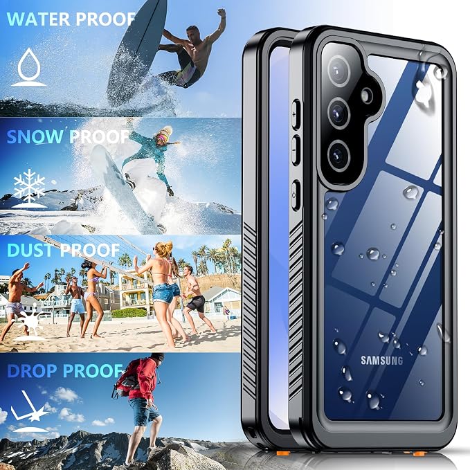 SPIDERCASE Upgraded for Samsung Galaxy S25 Plus Case Waterproof,Built-in Screen & Camera Lens Protector[IP68 Underwater] [Military Grade Shockproof] Full Body Protection Phone Case,Black/Clear