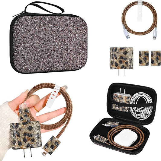 Glitter Phone Charger Case Storage Sets Wire Saver Cable Protector with Brown Travel Storage Bag, Luxury Bling Cable Charger Protector Cord Organizer for iPhone (Leopard)