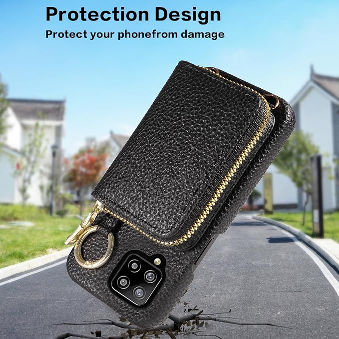 Wallet Case for Samsung Galaxy A22 4G 6.4 inch with Shoulder Strap Ring Buckle, PU Leather Zipper Organ Purse, Credit Card Holder Stand Phone Cover for M32 M22 F22 A 22 22A G4 Women Men Black