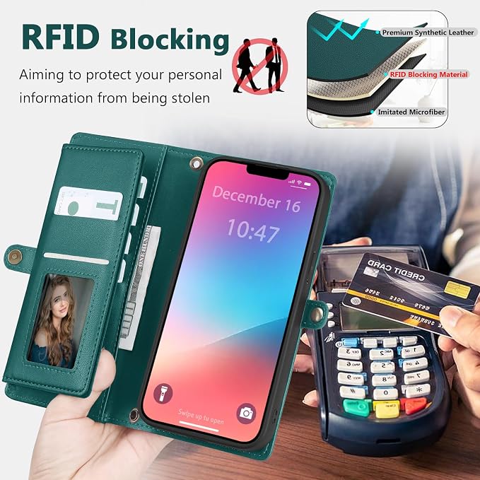Wallet Case for iPhone 13 Pro Max with Card Holder/Crossbody Wallet/Strap| RFID Blocking | Magnetic | Kickstand | Detachable | PU Leather Phone Case for iPhone 13 Pro Max,6.7 in,Green