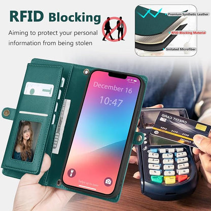 Wallet Case for iPhone 13 Pro Max with Card Holder/Crossbody Wallet/Strap| RFID Blocking | Magnetic | Kickstand | Detachable | PU Leather Phone Case for iPhone 13 Pro Max,6.7 in,Green
