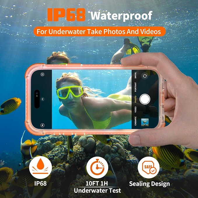 for iPhone 15 Pro Waterproof Case Compatible with MagSafe, IP68 Underwater Case Built-in Screen Protector, Slim Translucent 360° Full Body Protection, 12FT Military Grade 6.1 inch Orange