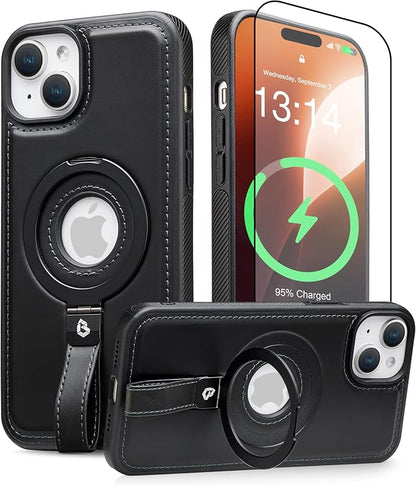 for iPhone 15 Plus/iPhone 14 Plus Leather Case with Stand, Anti-Slip Grip Ring, Fits for MagSafe (Black, iPhone 15/14 Plus)