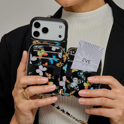 ZVE for iPhone 17 Pro Max Wallet Case with Card Holder,RFID Blocking Crossbody Chain Phone Cover for Women 6.9" Butterfly