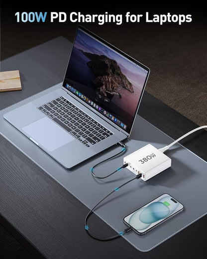 380W USB C Charger Block with 4 USB Cables Dual 100W Charging Station | 8-Port USB C Charging Station Laptop Charger Fast Type C Charging Block for MacBook Pro, Dell XPS, iPhone, iPad, Tablet