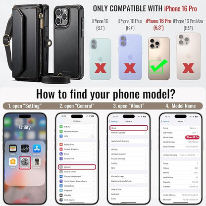 Strapurs for iPhone 16 Pro Detachable Wallet Case Compatible with Magsafe for Women, RFID Blocking 9-Card Holder Zipper Wrist Strap Lanyard PU Leather Magnetic Phone Case for iPhone 16 Pro 6.3", Black