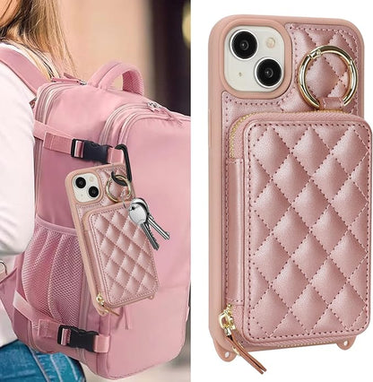 Crossbody Wallet Case for iPhone 14 Plus, PU Leather Zipper Handbag Purse Flip Cover, Kickstand Folio Case with Card Slots Holder Wrist Strap Lanyard 5G 6.7 Inch-Rose Gold