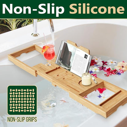 SereneLife Premium Bathtub Tray Caddy with Gift Box and Bow Set, Expandable Bath Tray, Unique House Warming Gifts for Mom, Women, Wedding, Anniversary, Bridal Shower, Fit for All Tub - Classic