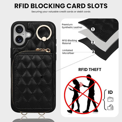 Keallce Case for iPhone 16 6.1'' Wallet Case, Crossbody Zipper Purse with Wristlet for Women, RFID Blocking Card Holders, 360° Ring Kickstand Flip Leather Case for iPhone 16, Black