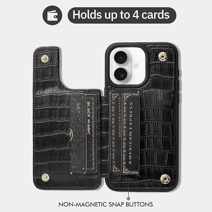 CUSTYPE Compatible with iPhone 17 Wallet Case with Card Holder,180°Ring Holder Kickstand Card Slots Case,PU Leather Protective Case for iPhone 17 6.3 inch-Black