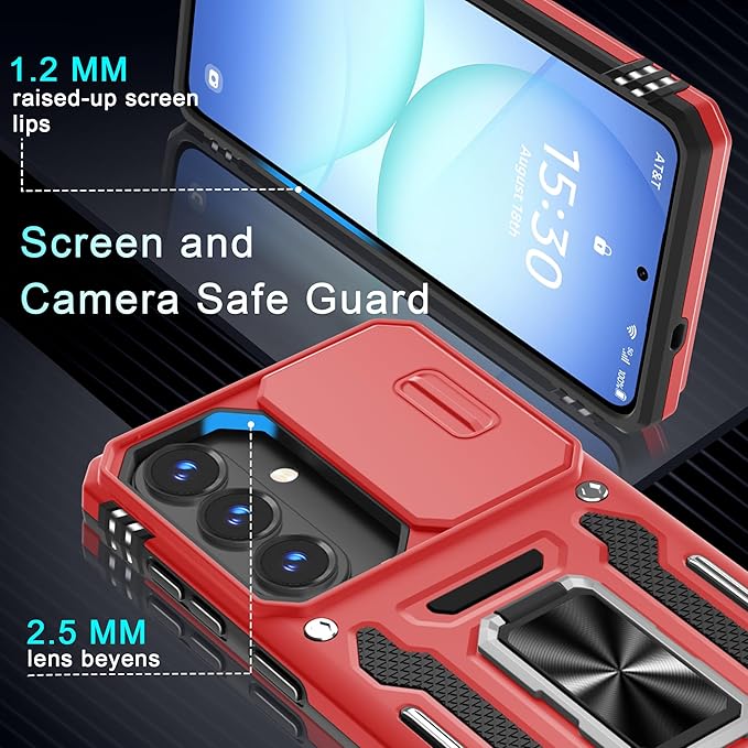 DEERLAMN Case for Samsung Galaxy A37 5G with Slide Camera Cover+Screen Protector (1 Pack), Rotated Ring Kickstand Military Grade Shockproof Protective Cover-Red