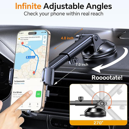 Car Phone Holder Mount【Window + Vent +Dash】Windshield Phone Mount for Car【360°Rotation】Suction Cup Phone Mount for Truck Stand Phone Holder Camera Mount for iPhone Comfortable Natural Video Recording