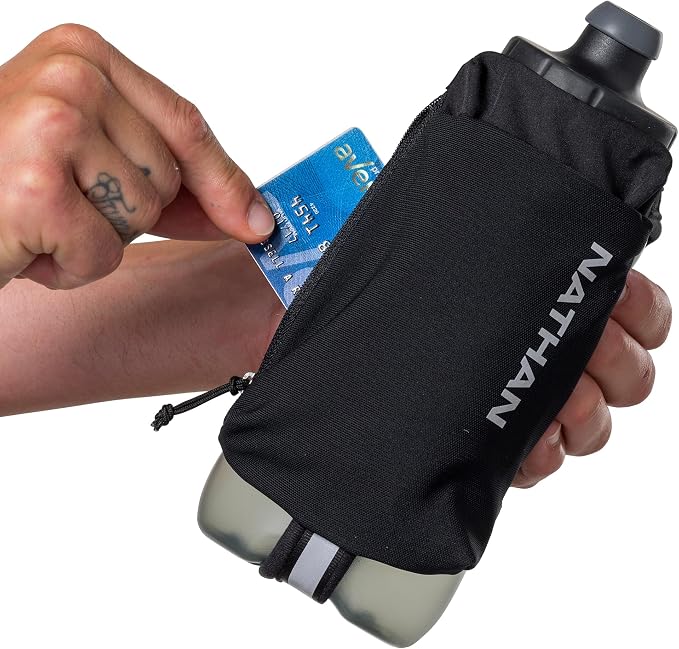 Nathan SpeedDraw 2 Insulated Handheld Running Water Bottle Flask – Double-Wall Insulation, Ergonomic Grip, Blast Valve Cap, Phone & Key Storage Pockets, Reflective Design, 22oz - Black