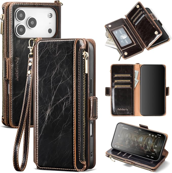 Antsturdy Compatible with iPhone 17 Pro Wallet Case Women,RFID Blocking PU Leather Phone Case Men Kickstand Flip Cover Wrist Strap Zipper Credit Card Holder Slots for Apple 17 Pro 6.3",Coffee