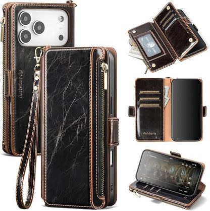 Antsturdy Compatible with iPhone 17 Pro Wallet Case Women,RFID Blocking PU Leather Phone Case Men Kickstand Flip Cover Wrist Strap Zipper Credit Card Holder Slots for Apple 17 Pro 6.3",Coffee
