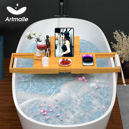 Artmalle Bathtub Caddy Tray for Tub, Expandable Bamboo Bath Table Tray with Book Stand for Home Spa Relaxing, Foldable Minimalist Bathroom Accessories for Women Men (Simple, Natural) (Natural)