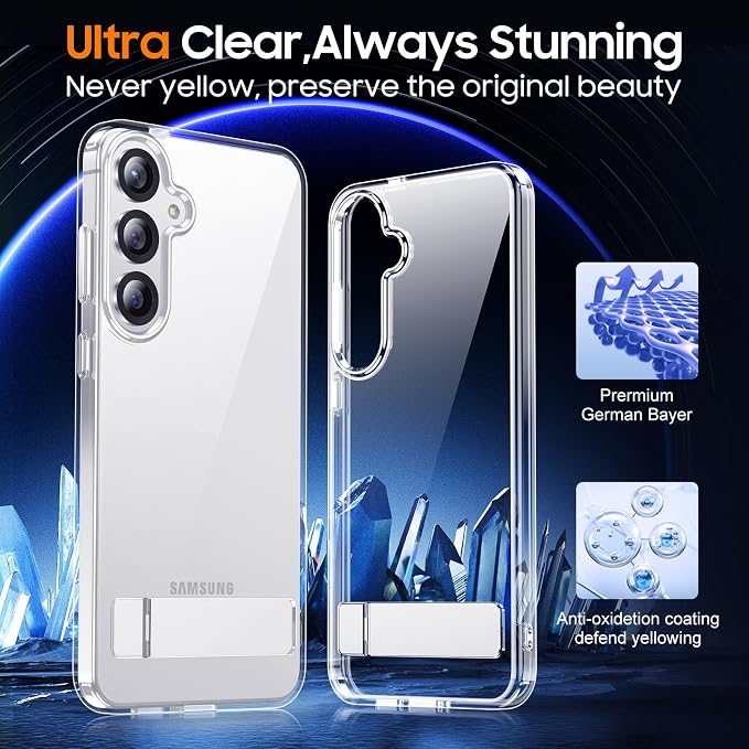 Temdan Designed for Samsung Galaxy S25 Plus Case, Built in Hidden Kickstand Military Grade Drop Protection Never Yellowing Slim Thin Phone Case for Galaxy S25 Plus Case 6.7"- Crystal Clear
