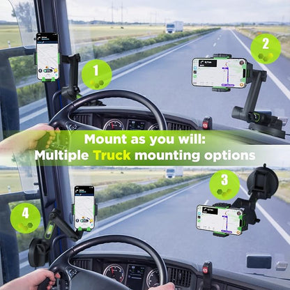 Cell Phone Mount for Truck Phone Holder for Truck Drivers - Heavy Duty Suction Cup + Dashboard Pad, iPhone Holder for Dashboard Window 16.9 inch Long, for iPhone & Samsung, Big Rig Trucker, Green