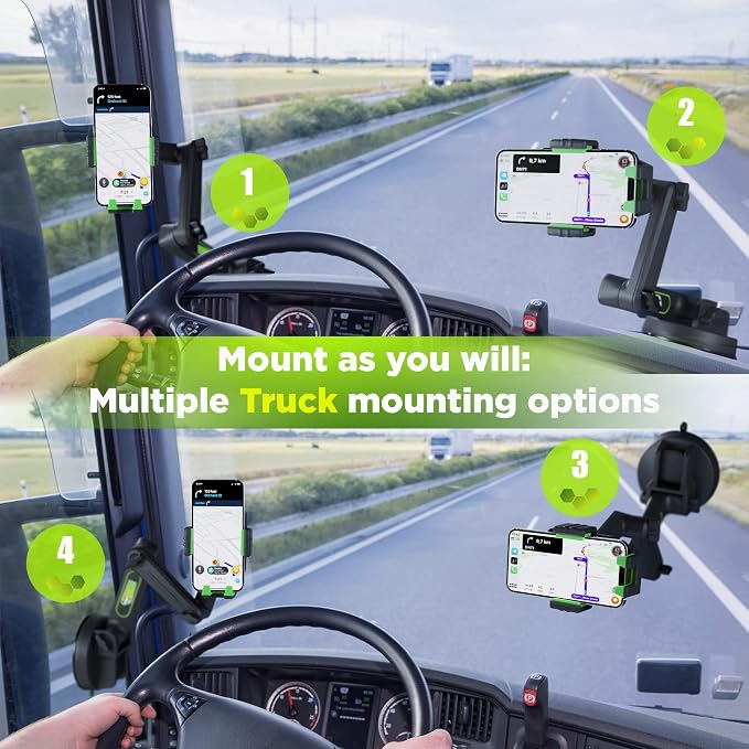 Cell Phone Mount for Truck Phone Holder for Truck Drivers - Heavy Duty Suction Cup + Dashboard Pad, iPhone Holder for Dashboard Window 16.9 inch Long, for iPhone & Samsung, Commercial Trucker, Green