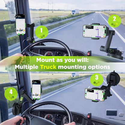 Cell Phone Mount for Truck Phone Holder for Truck Drivers - Heavy Duty Suction Cup + Dashboard Pad, iPhone Holder for Dashboard Window 16.9 inch Long, for iPhone & Samsung, Commercial Trucker, Green