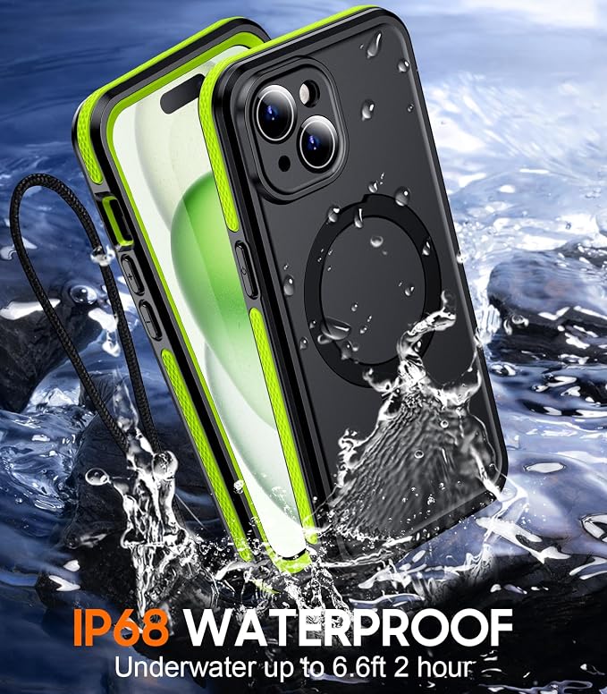 Temdan Magnetic for iPhone 15 Case Waterproof, [Built-in Ring Invisible Stand & Screen Protector][IP68 Underwater][Dropproof][Dustproof][Real 360] Shockproof Protective Phone Case 6.1'' -Green
