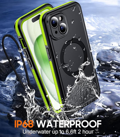 Temdan Magnetic for iPhone 15 Case Waterproof, [Built-in Ring Invisible Stand & Screen Protector][IP68 Underwater][Dropproof][Dustproof][Real 360] Shockproof Protective Phone Case 6.1'' -Green