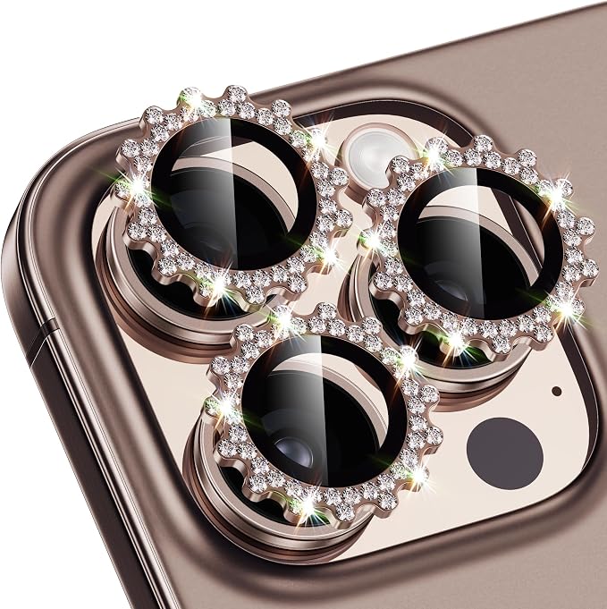 Xfilm for iPhone 16 Pro/16 Pro Max Camera Lens Protector Bling Individual Gear Design Diamond Ring 9H Hardness Scratchproof Protector, Stylish Phone Accessories, Case Friendly (Titanium Desert)