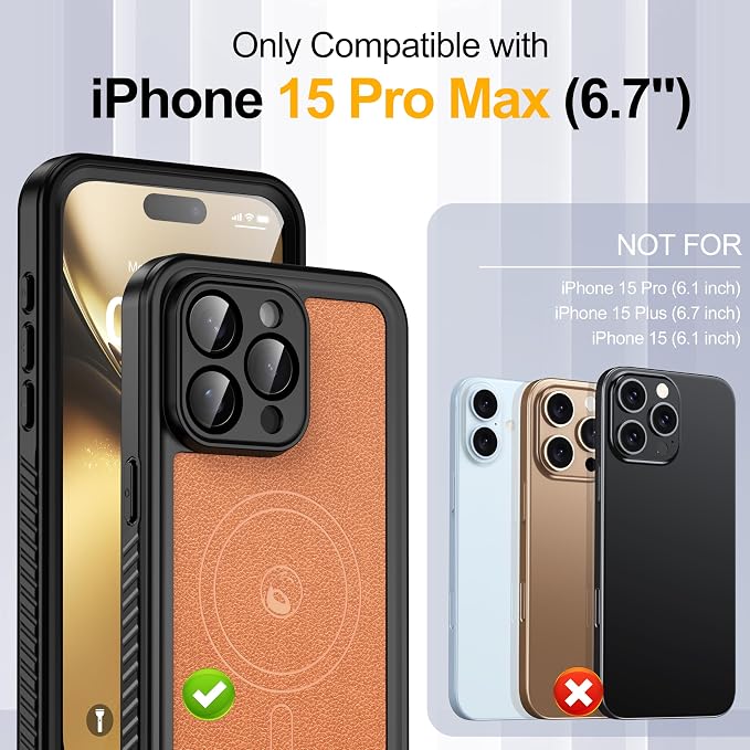 GOLDJU 2025 New Designed for iPhone 15 Pro Max Leather Case Waterproof, [Built-in Screen Protector, ][Compatible with MagSafe] Full Body Shockproof Protective Cover for iPhone 15 Pro Max 6.7''- Brown