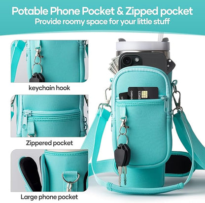 linmaya Water Bottle Carrier Bag for Stanley Cup 40/30oz with Phone Holder Pockets,Neoprene Water Bottle Cross-body Bag with Adjustable Shoulder & Hand Strap Stanley Cup Accessories