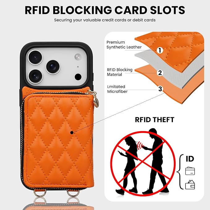 Keallce for iPhone 17 Pro 6.3'' Wallet Case, Crossbody Zipper Purse with Wristlet for Women, RFID Blocking Card Holders, Flip Leather Case for iPhone 17 Pro, Orange