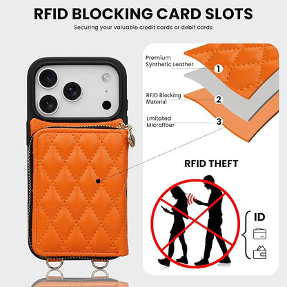 Keallce for iPhone 17 Pro 6.3'' Wallet Case, Crossbody Zipper Purse with Wristlet for Women, RFID Blocking Card Holders, Flip Leather Case for iPhone 17 Pro, Orange