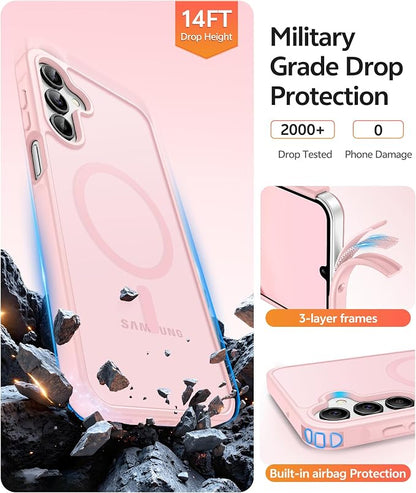 FNTCASE for Galaxy A15 5G Phone Case, Screen Protector, Light Pink | Translucent Matte Magnetic Back, 14FT Military Grade Drop Protection, Shockproof Protective, for Samsung A 15 Cover