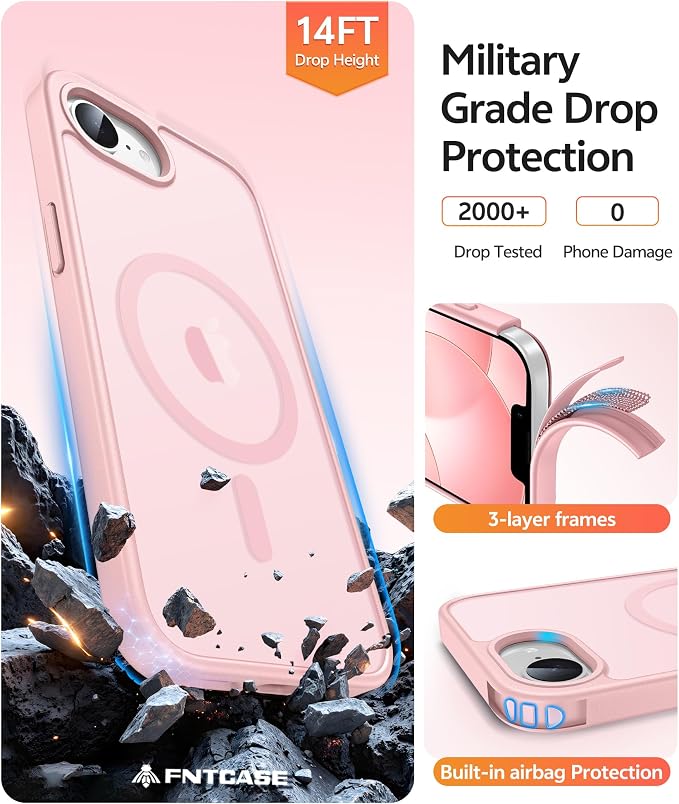 FNTCASE for iPhone 17e Case: iPhone 16e Phone Case [Compatible with Magsafe] Translucent Matte Cases with [Screen Protector] Military Grade Shockproof Protective Phone Cover - Light Pink