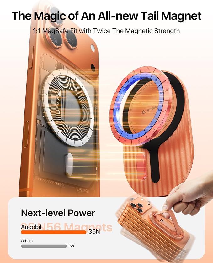 andobil [2026 All-New] Magnetic Phone Grip for Magsafe with Finger Strap [Comfortable & Durable] Magnetic Phone Ring Holder for MagSafe Accessories & iPhone 17 Air 16 Pro Max Plus 15 14 13 12, Orange