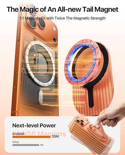 andobil [2026 All-New] Magnetic Phone Grip for Magsafe with Finger Strap [Comfortable & Durable] Magnetic Phone Ring Holder for MagSafe Accessories & iPhone 17 Air 16 Pro Max Plus 15 14 13 12, Orange