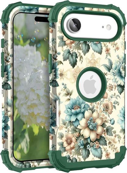 Hocase for iPhone Air Case 6.5", Heavy Duty Shockproof Protection Soft Silicone Rubber+Hard Plastic Bumpers Hybrid Protective Case for iPhone Air 2025 - Teal Blue Flowers