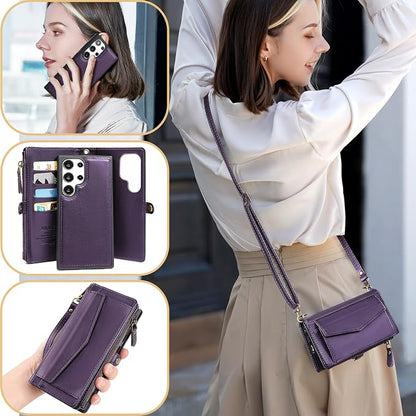 for Samsung Galaxy S25 Ultra Wallet Case for Women Men, Wireless Charging with RFID Blocking Card Holder, PU Leather Crossbody Strap Detachable Magnetic Phone Shell Purse, Purple