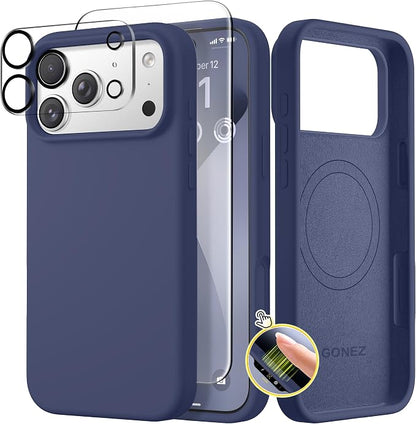 GONEZ Magnetic for iPhone 17 Pro Case, Compatible with MagSafe, [Screen Protector + Camera Lens Protector], Liquid Silicone Anti-Scratch Shockproof Protective Phone Case 6.3 inch, Midnight Blue