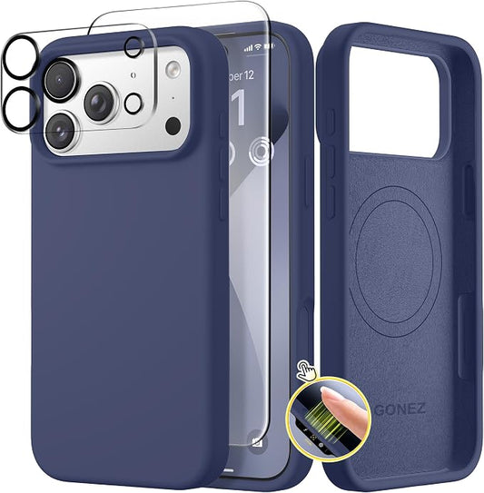 GONEZ Magnetic for iPhone 17 Pro Case, Compatible with MagSafe, [Screen Protector + Camera Lens Protector], Liquid Silicone Anti-Scratch Shockproof Protective Phone Case 6.3 inch, Midnight Blue