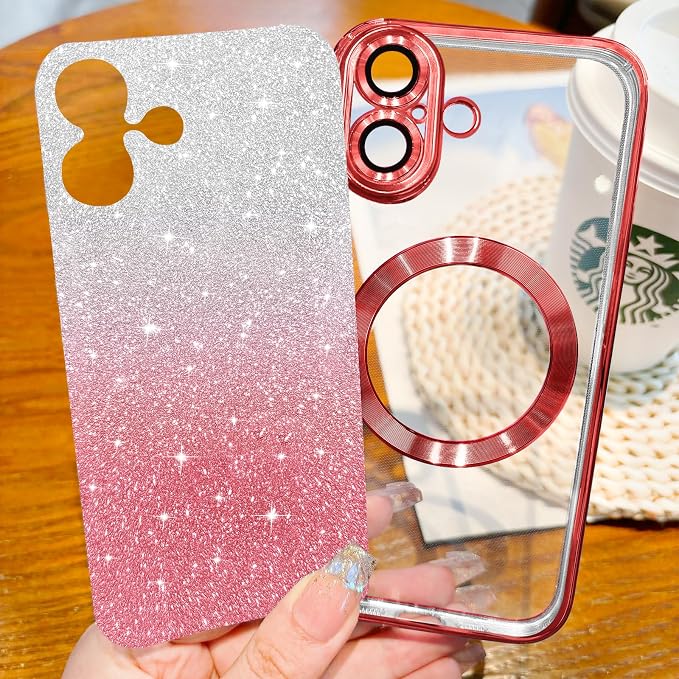 Hython for iPhone 17 Case Glitter Clear Magnetic Phone Cases [Compatible with MagSafe] Full Camera Lens Protector Sparkle Luxury Plating Slim Shockproof Protective Cover Women, Gradient Red
